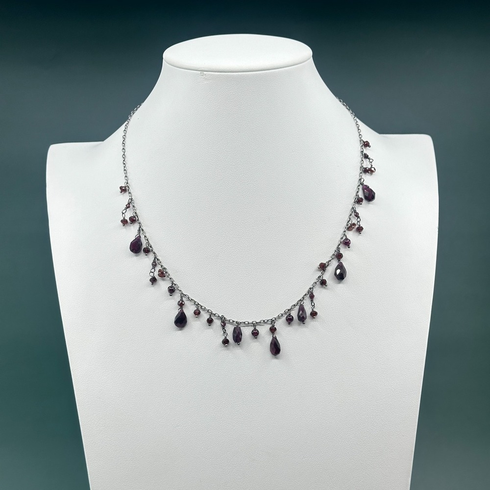 Silver Tone Burgundy Faceted Bead Drop Necklace Gothic Romantic Statement Gift